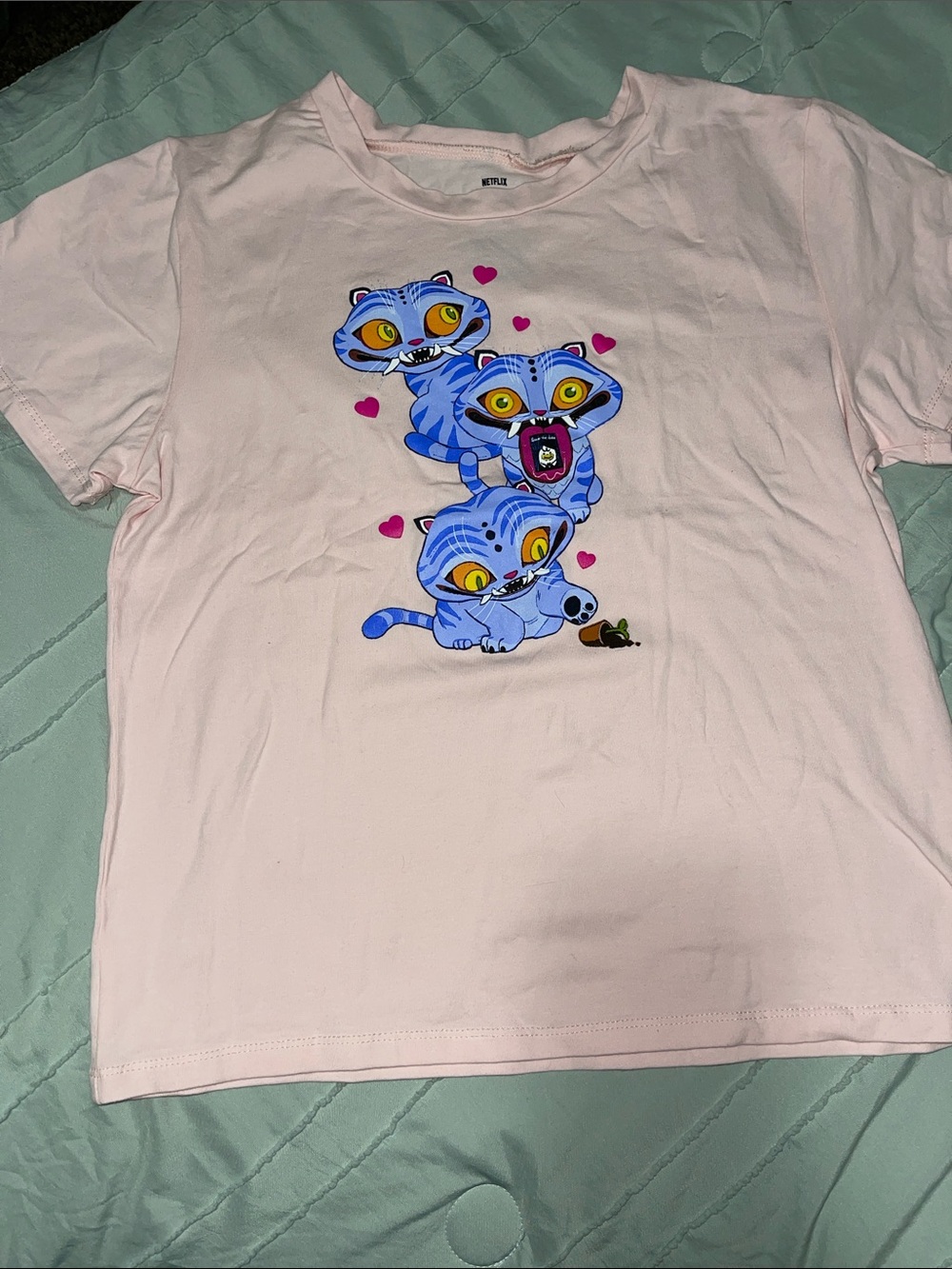Netflix KPop Demon Hunters Pink Tee with Blue Derpy Kittens Little Girls XL